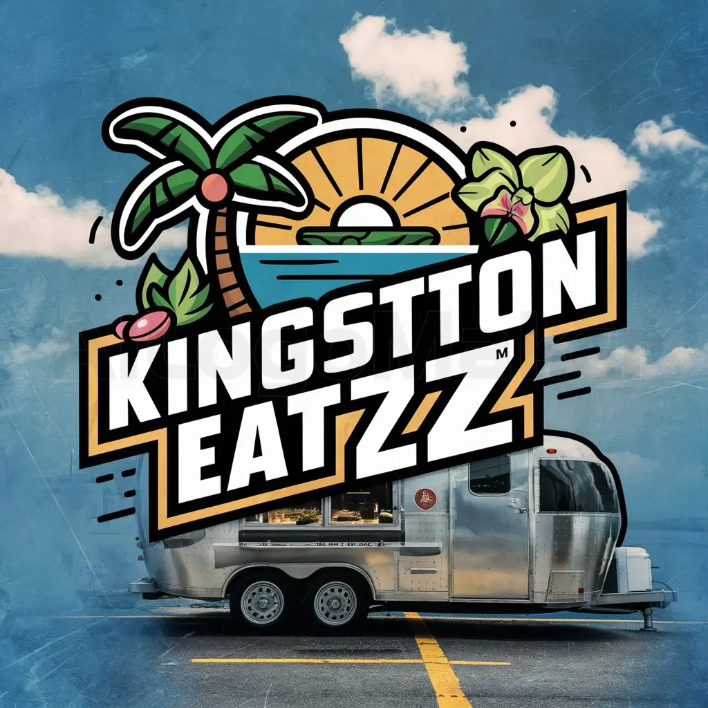 a logo design,with the text "kingSton EatZZ", main symbol:palm tree, island, sunrise, Orchid, street food , food trailer ,Moderate,be used in Travel industry,clear background