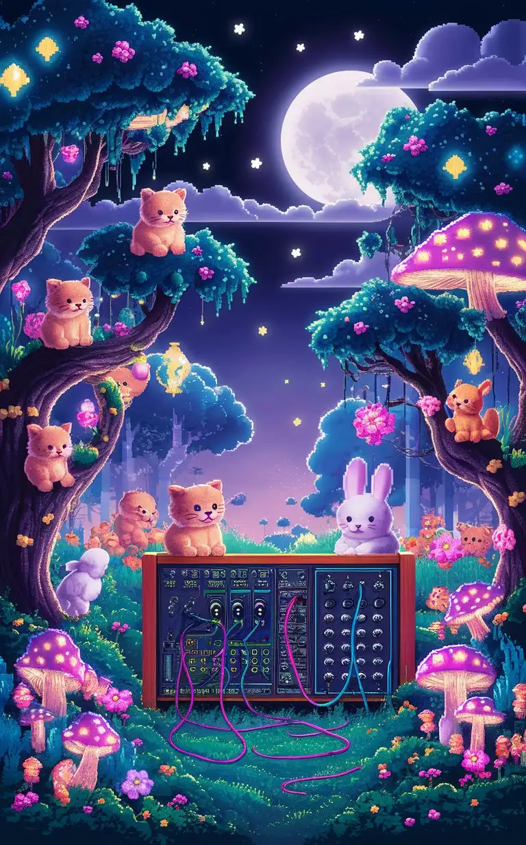 mushrooms, stars, flowers, bioluminescent, clouds, trees, moon, fungus, modular synthesizer, eurorack, patch cables, kitten, puppy, bunny, colorful, kawaii, vaporwave, synthwave, pixel art