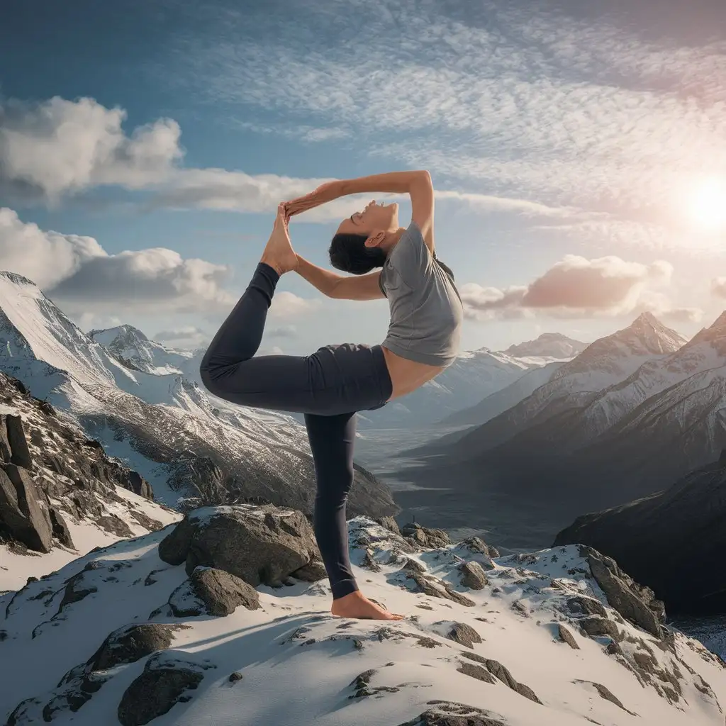 A digital artwork showcasing a person doing a challenging yoga pose on a mountaintop.