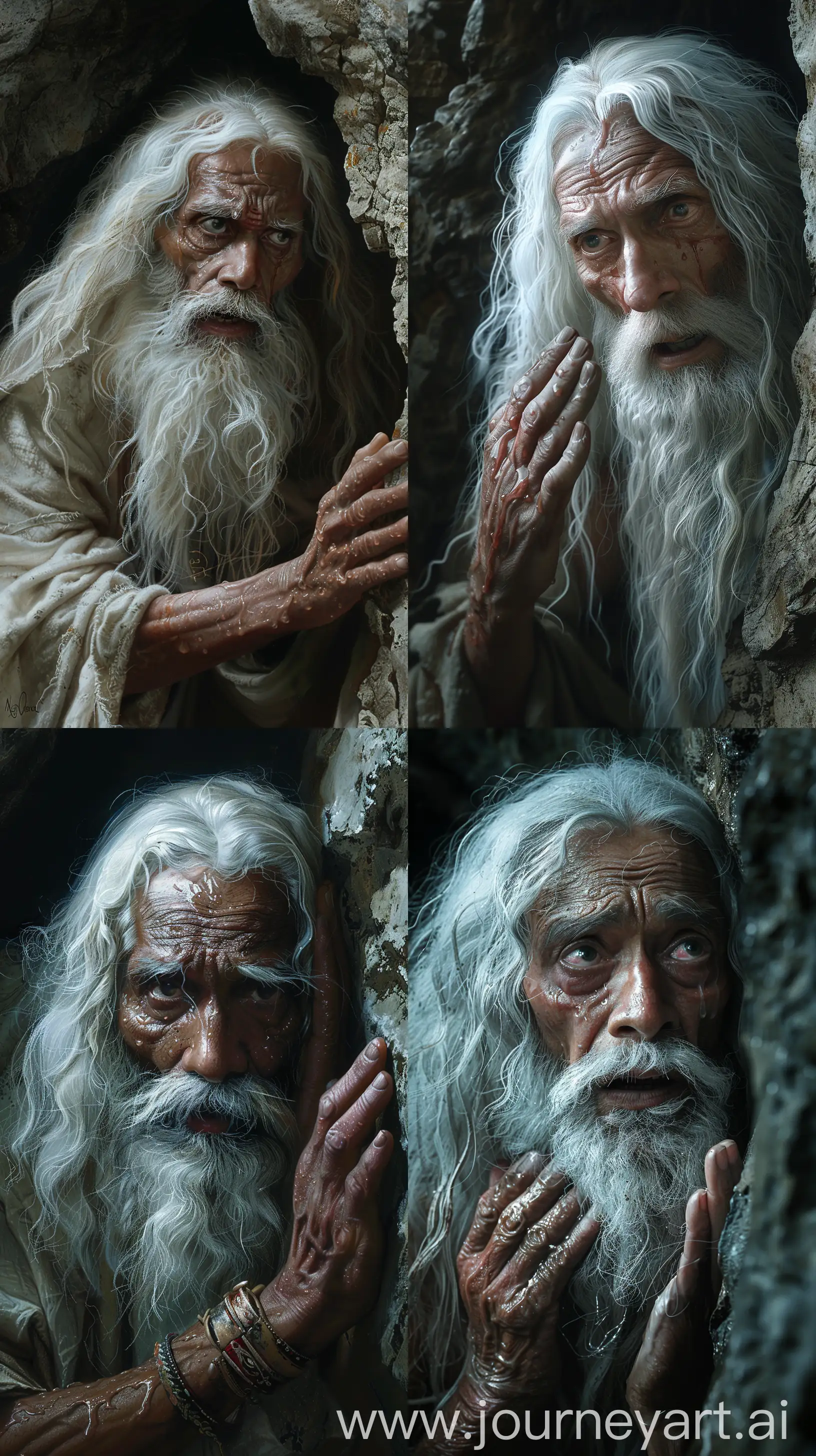 Elderly Indian sage with long white hair and beard, worried expression, slightly soaked, trapped in a dark cave looking for an exit, dim ambient light, nighttime, nothing seen except his face, his hands trying to figure out the walls, highly intricate details, high-resolution --s 400 --ar 9:16 --v 6
