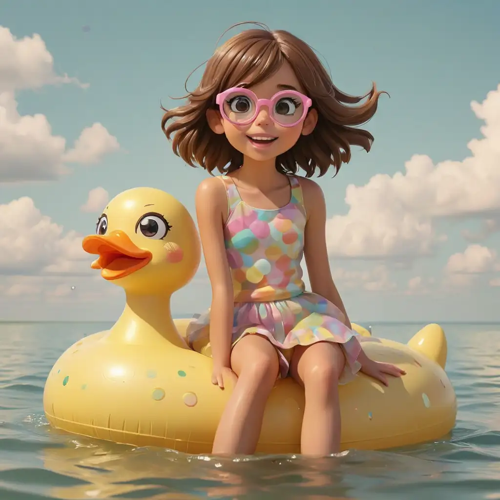 cute preteen girl, straight brown hair, brown eyes, olive tan, sparkly glasses, riding a huge kawaii rubber duck floaty, pastel sky