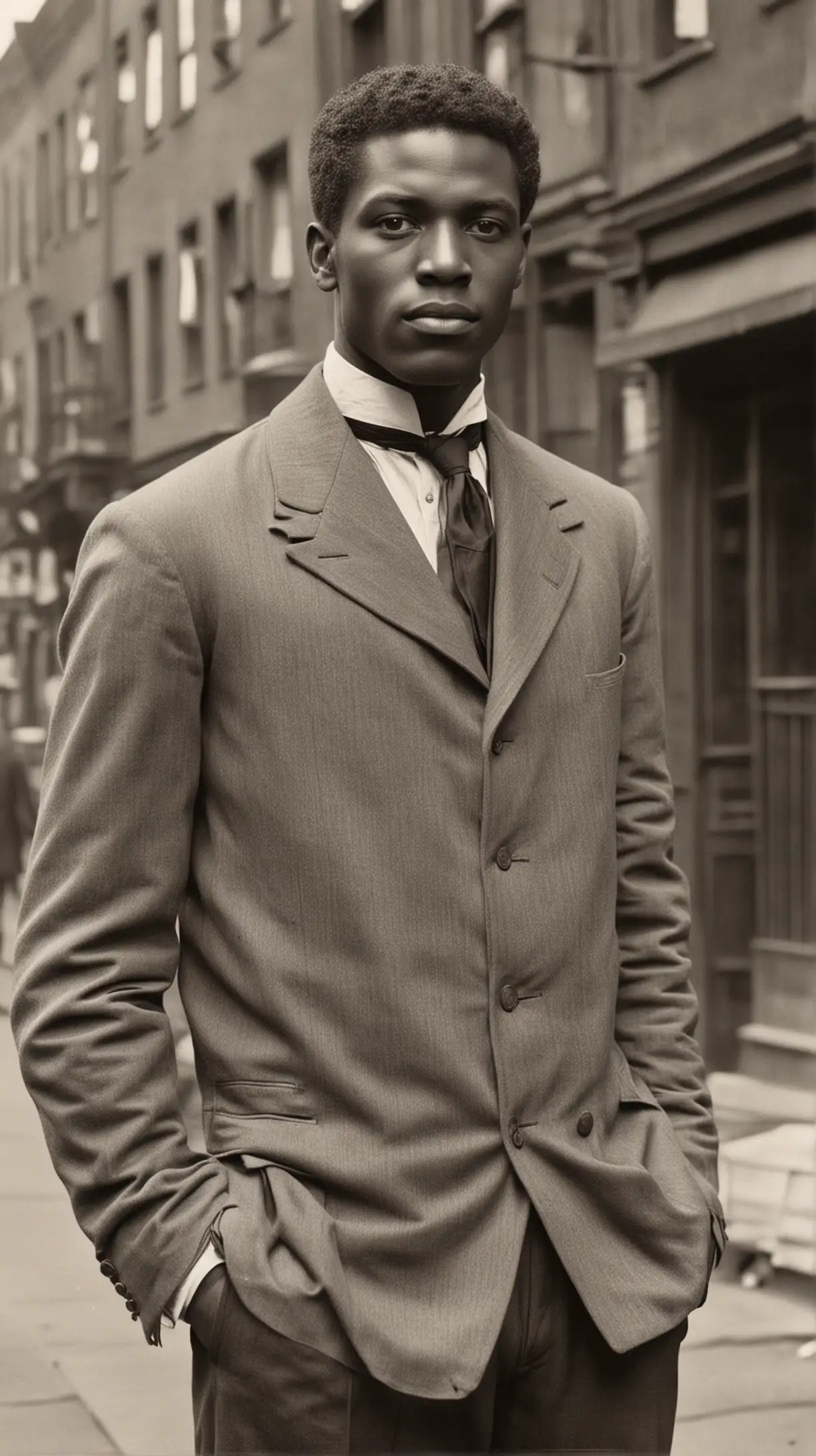 1900s, Handsome Black man with no mustache standing in the city.
