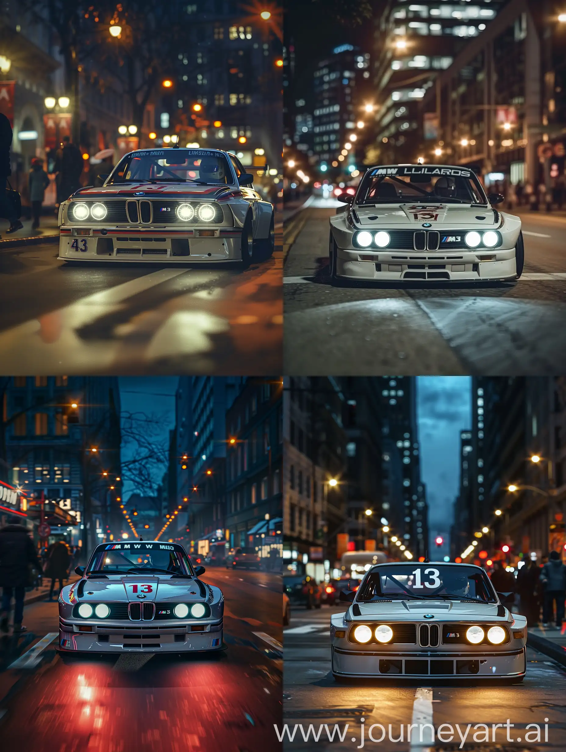На фоне ночного городского пейзажа, подсвеченного яркими фарами, мощный BMW M3 GTR мчится по улицам. Его агрессивный дизайн и спортивные линии привлекают взгляды прохожих. На капоте виднеется символический номер 13, который стал знаком узнаваемости этой легендарной машины. Скорость и адреналин пронизывают воздух, а звук мотора напоминает о бескомпромиссной гонке на выживание., 4k, высокое разрешение, высокая детализация