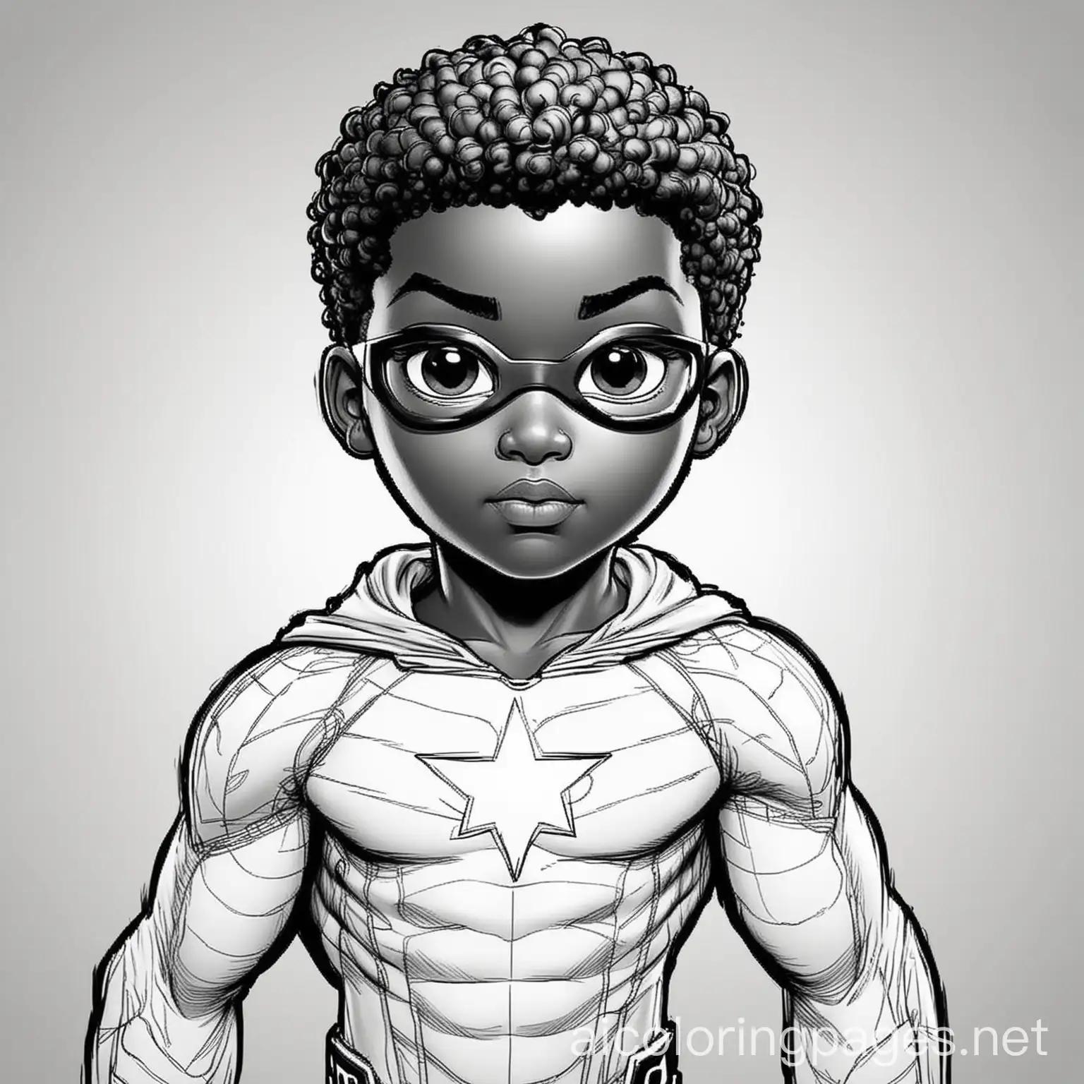 black superhero, Coloring Page, black and white, line art, white background, Simplicity, Ample White Space. The background of the coloring page is plain white to make it easy for young children to color within the lines. The outlines of all the subjects are easy to distinguish, making it simple for kids to color without too much difficulty
