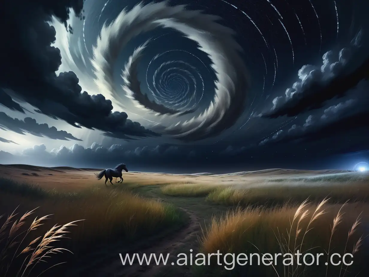 Lone-Horse-Grazing-on-the-Stormy-Steppe-Under-Spiral-Clouds
