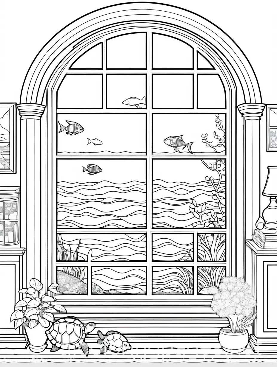  creat me coloring page of A child in a submarine, peering through a window at colorful fish and a sea turtle swimming by. it should be simple its for kids on the age of 7 years old, Coloring Page, black and white, line art, white background, Simplicity, Ample White Space. The background of the coloring page is plain white to make it easy for young children to color within the lines. The outlines of all the subjects are easy to distinguish, making it simple for kids to color without too much difficulty