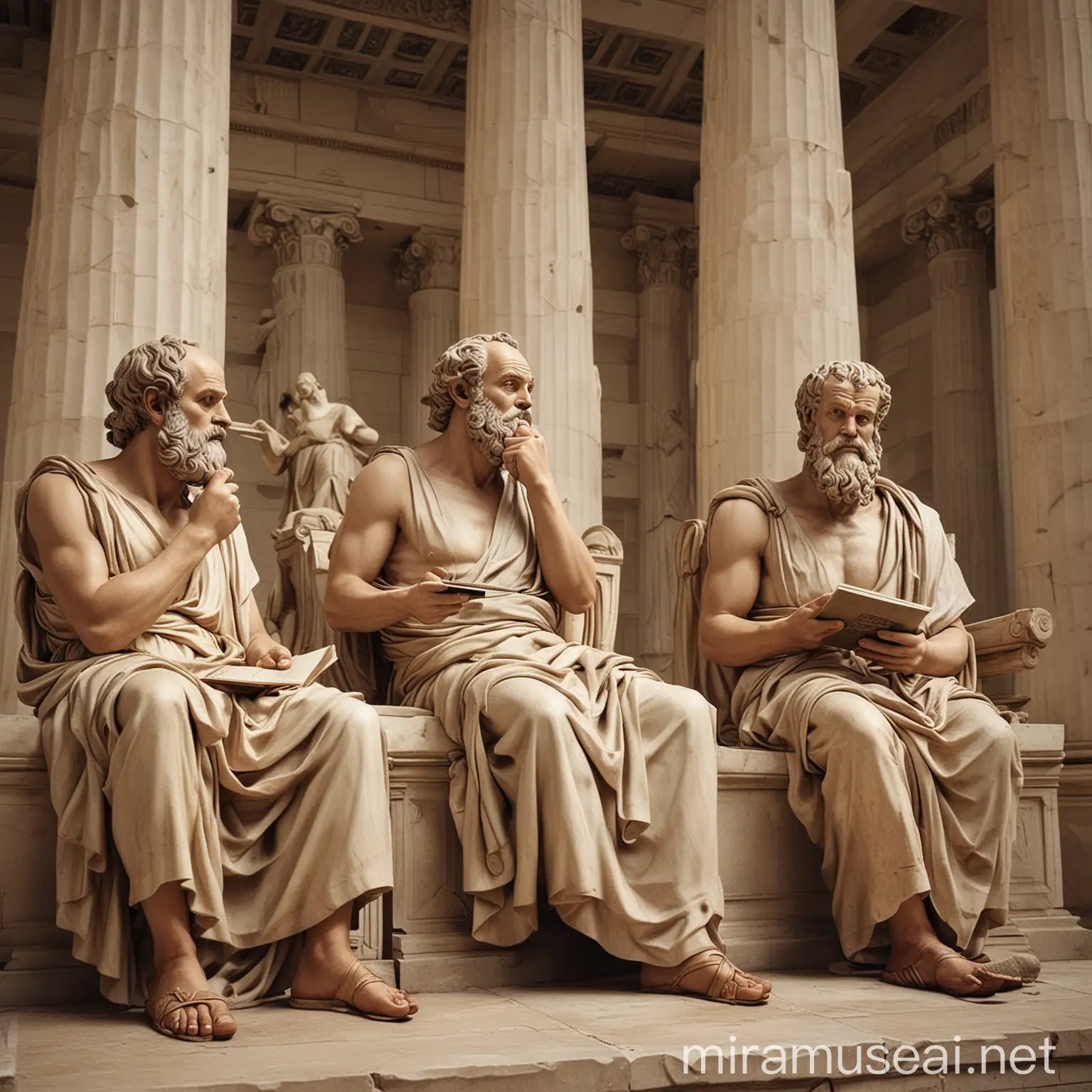 "Create a visually engaging thumbnail featuring Socrates engaging in conversation with a modern-day businessperson. Socrates should be holding a scroll, symbolizing ancient wisdom, while the businessperson is holding a tablet, representing modern technology. The background should blend elements of ancient Greece, like columns or the Parthenon, with a contemporary office setting. Include the text 'Socrates: Master of Persuasion and Sales' in a clear, bold font."

