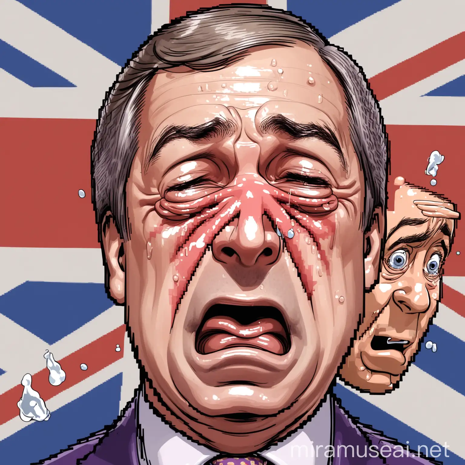 Nigel Farage crying as he vomits on a british flag in the style of a caricature cartoon