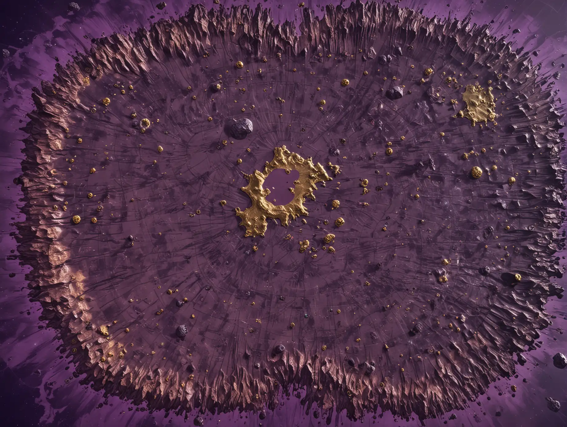 A Very huge unexplored abandoned Black-purple Planet's huge map without subtitles and signs. The map'sfrom the total top. The map is abandoned and extinct, The map's majority is PLAIN but some ore and gold sites can be found on the map. There's a little tech base in the middle