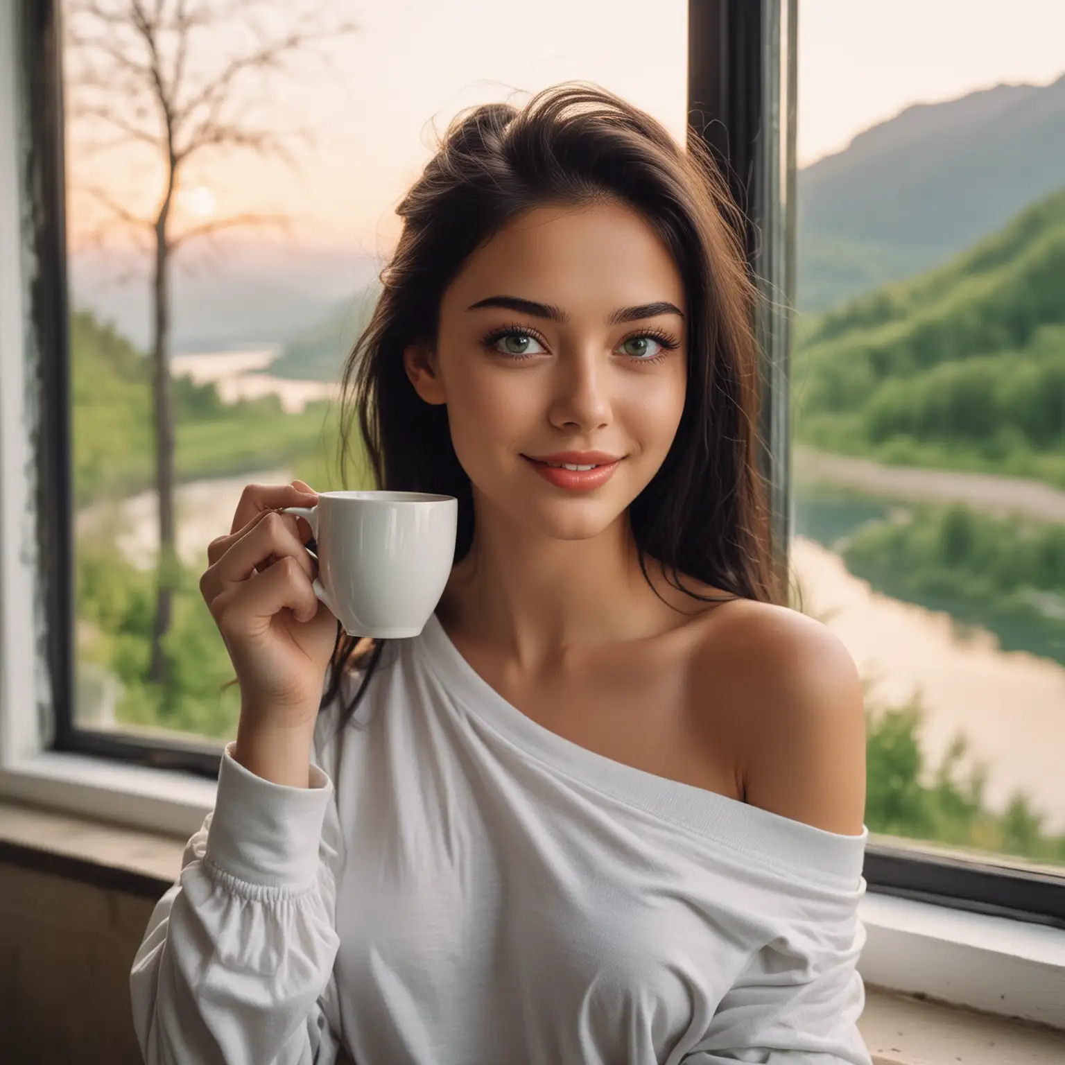 A 20-year-old girl with high cheekbones, almond-shaped emerald green eyes,eyes with long eyelashes,upturned slender nose, full lips with large teeth. She smiles while drinking american coffee in front of a very large window, through which a splendid spring panorama with lakes and hills at dawn can be seen. Her black hair is gathered with a lot of volume. White one shoulder t-shirt .sexy model with big breast 
