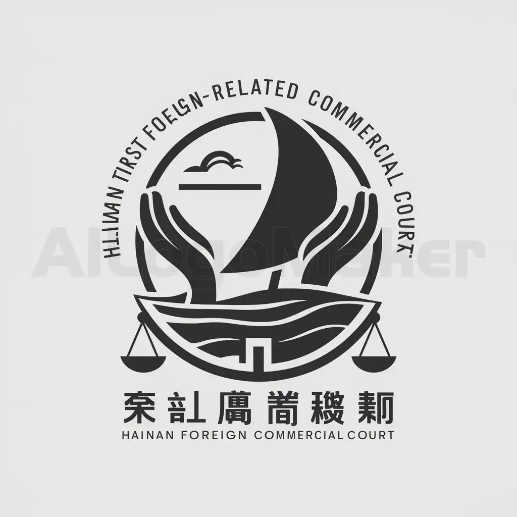 a logo design,with the text "Hainan First Foreign-related Commercial Court", main symbol:circular, two hands, big sea, scale, sail,Moderate,be used in Legal industry,clear background