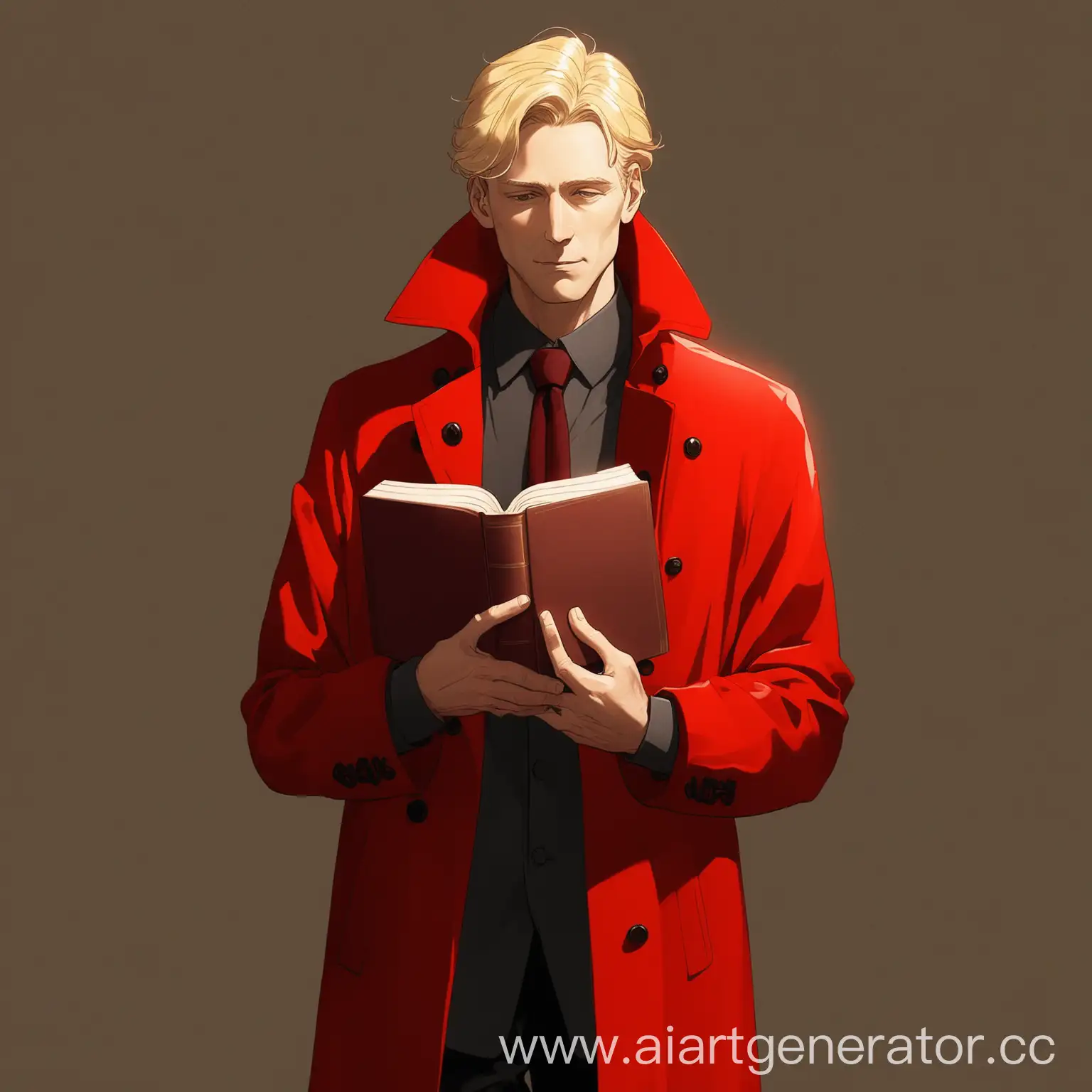 Высокий мужчина блондин с книгой в руках в красном плаще