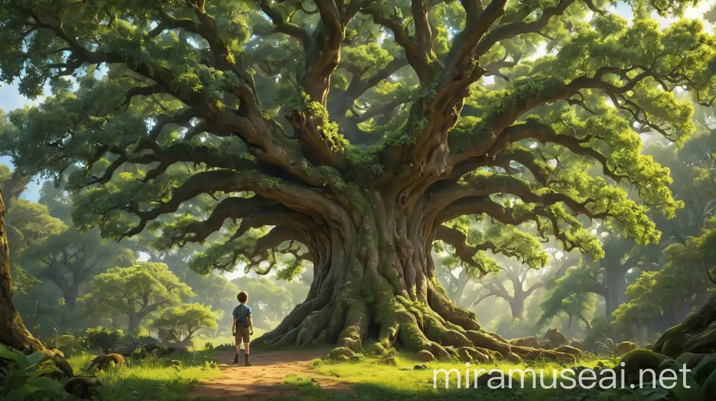 большой волшебный дуб в сказочном лесу, дуб обнимает мальчик. 