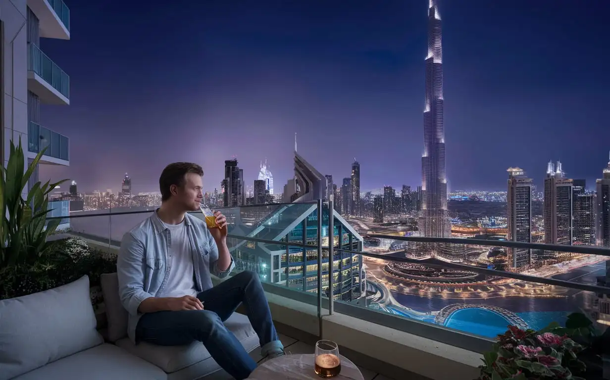25 year old boy sitting on his balcony of dubai apartment at night time and enjoying the views