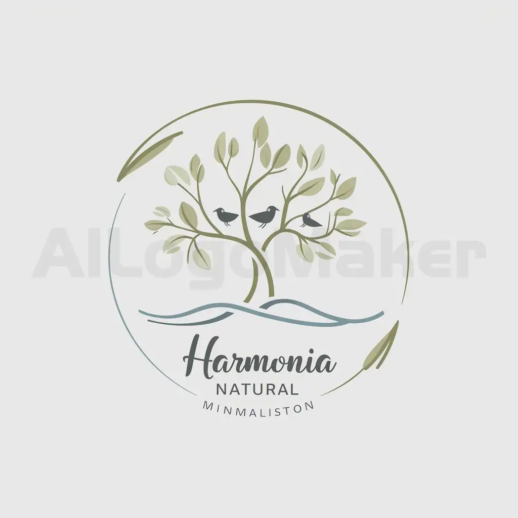a logo design,with the text "Harmonia Natural", main symbol:A logo with a stylized tree of soft leaves, small birds and waves at the base, in soft green and blue tones, with the name 'Harmonia Natural' in an elegant cursive font. Framed in a soft circle, it conveys peace and connection to nature.,Minimalistic,clear background