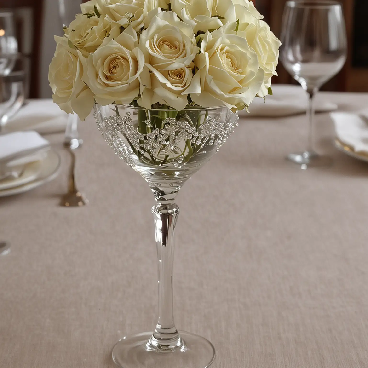 a small unique elegant wedding centerpiece using an elegant wine glass