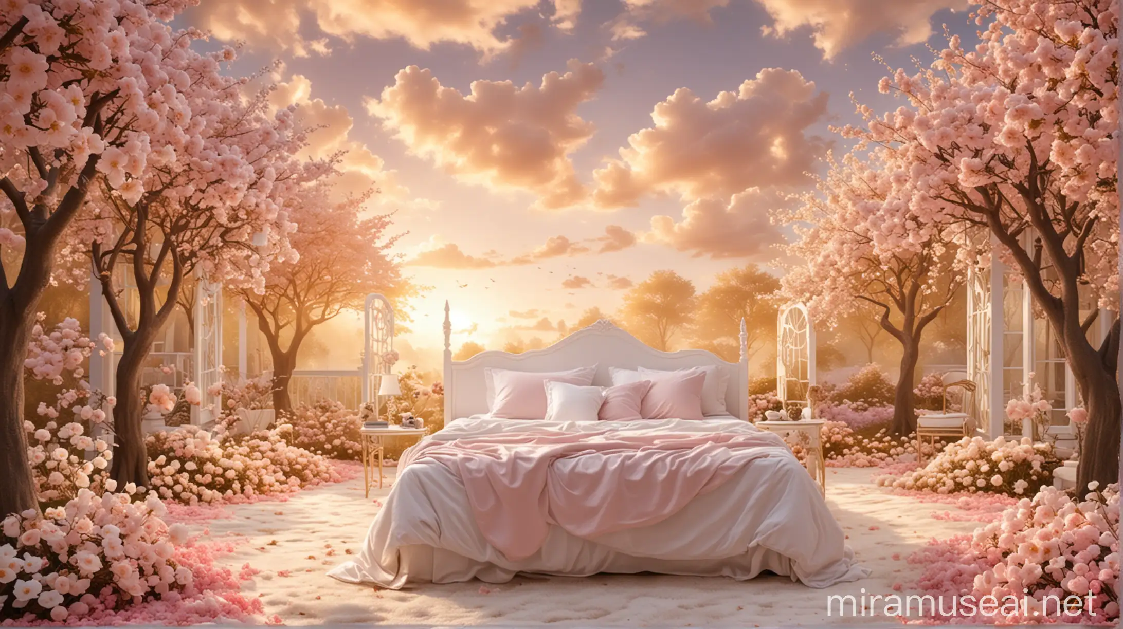 

The background is fantasy heaven. Everything is almost white.
The ground looks like clouds. Trees and flowers are mainly light pink.
There is a white twin bed in the garden.
There is a golden glow in the air.

