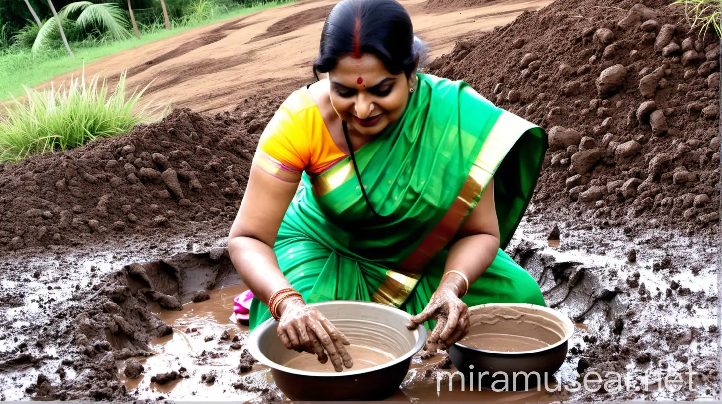 Indian Mature Aunty Cooking in Mud Pots Traditional Cooking Scene with a Green Saree