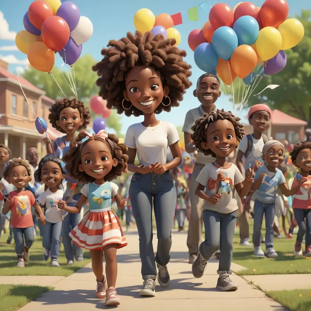 defined 3D cartoon-style African Americans at the community center park with balloons and flags in New Mexico smiling 
