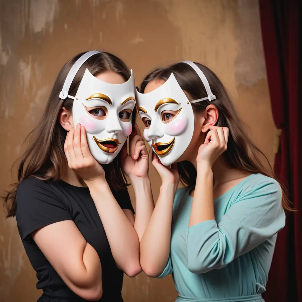 Две девушки в театральной маске комедии пытаются снять маски с лица друг друга