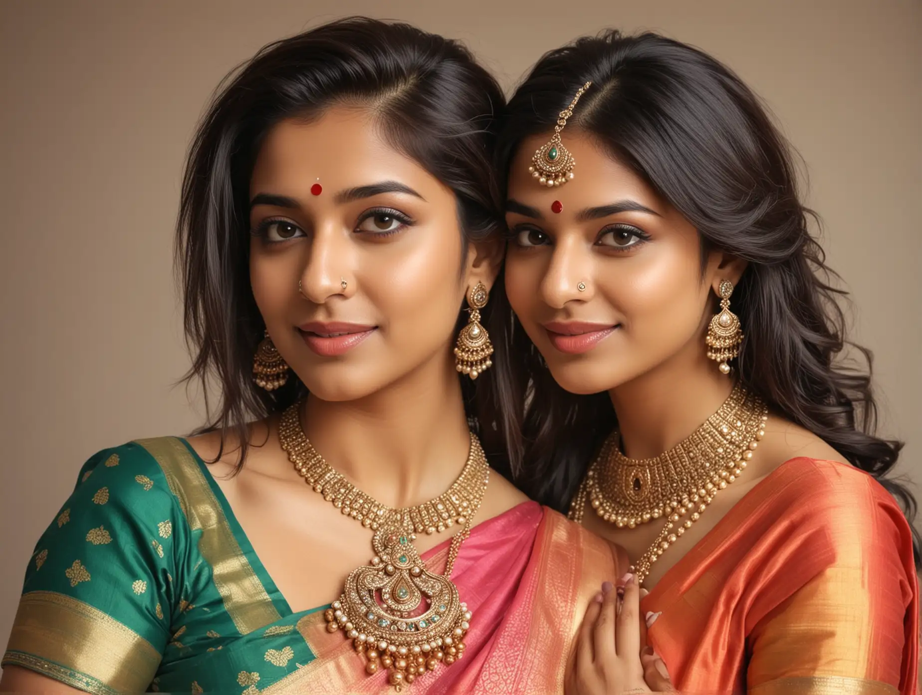 Indian Lesbian Couple in Traditional Sarees and Jewelry Sensual Portrait in  4K Resolution | AI Image Generator