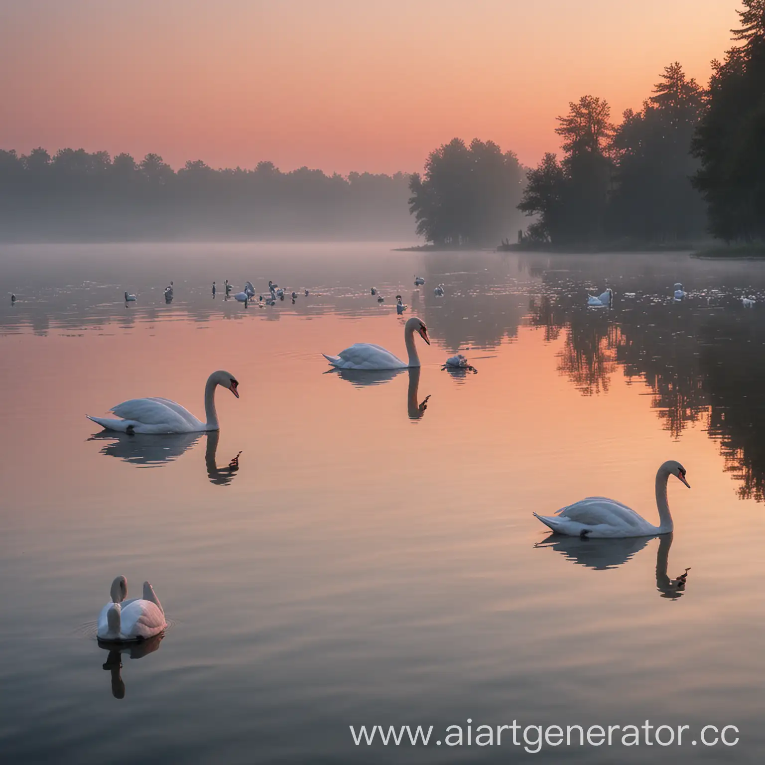 Graceful-White-Swans-Swimming-at-Dawn-on-a-Serene-Lake