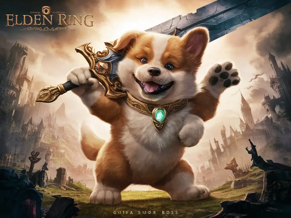 А giant cute puppy as an Elden Ring boss, Elden Ring style illustration, hyper detailed, Epic, full body, wideshot, cinematic