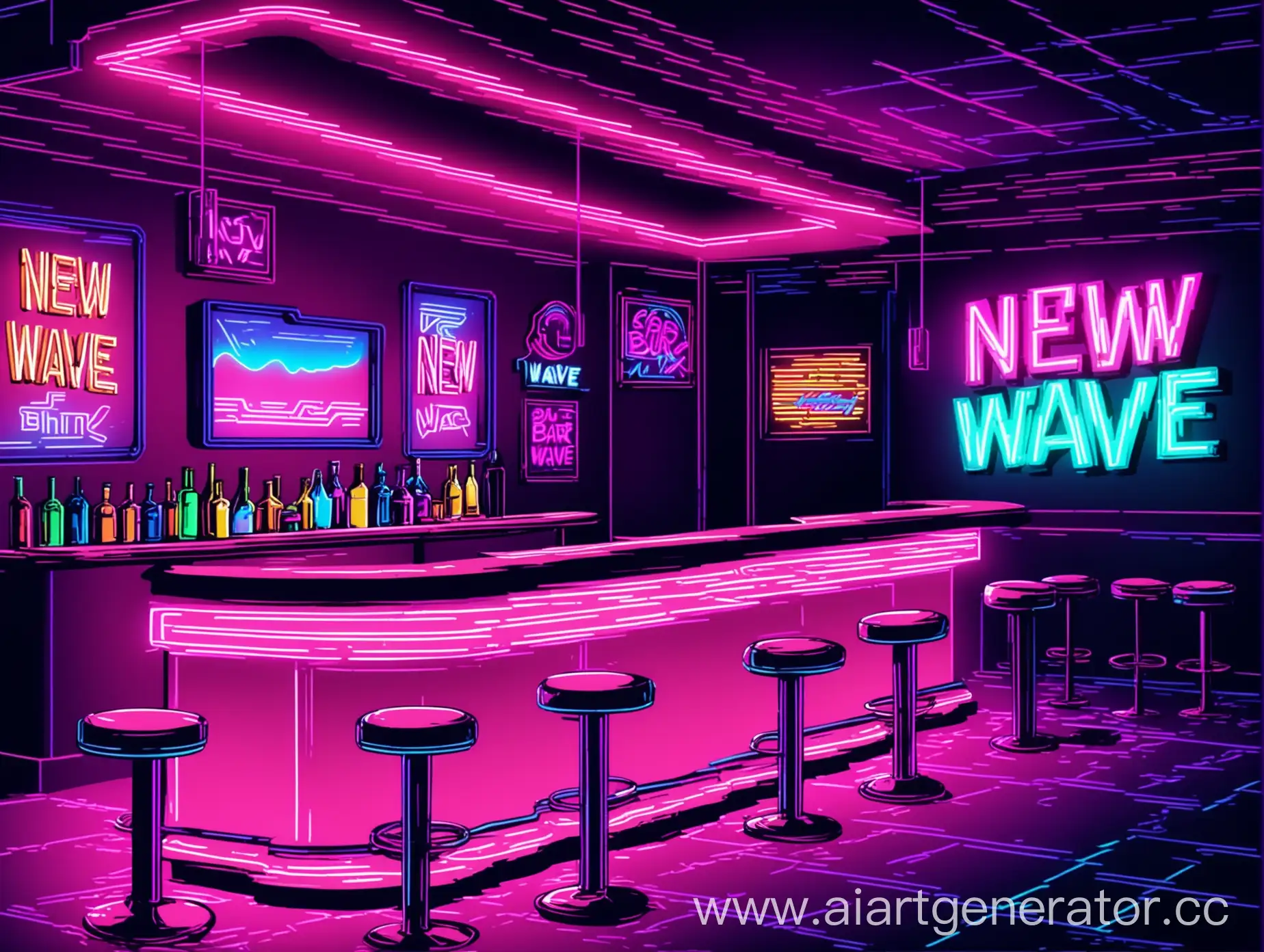 The interior of the bar is made in the style of synthwave and retro. Neon lights and bright colors. The style of the image, as if it was drawn by hand. The name of the bar "New wave"