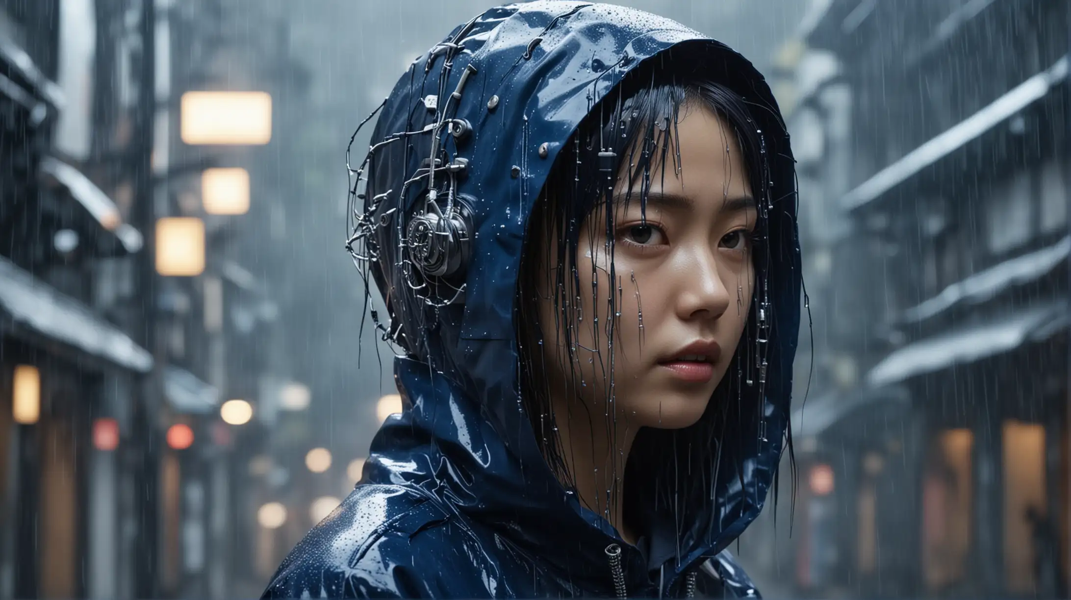Cyberpunk Japanese Girl Walking in Rain with Cybernetic Implant