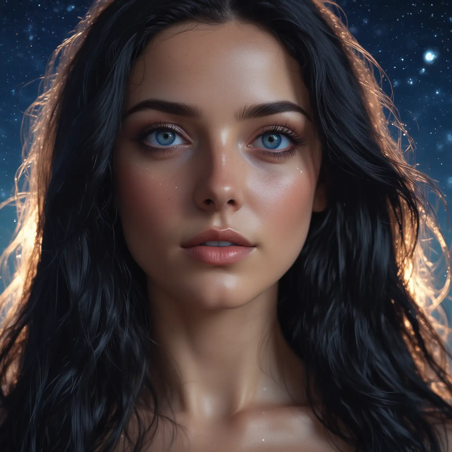 Captivating Goddess with Long Black Hair under Starry Sky