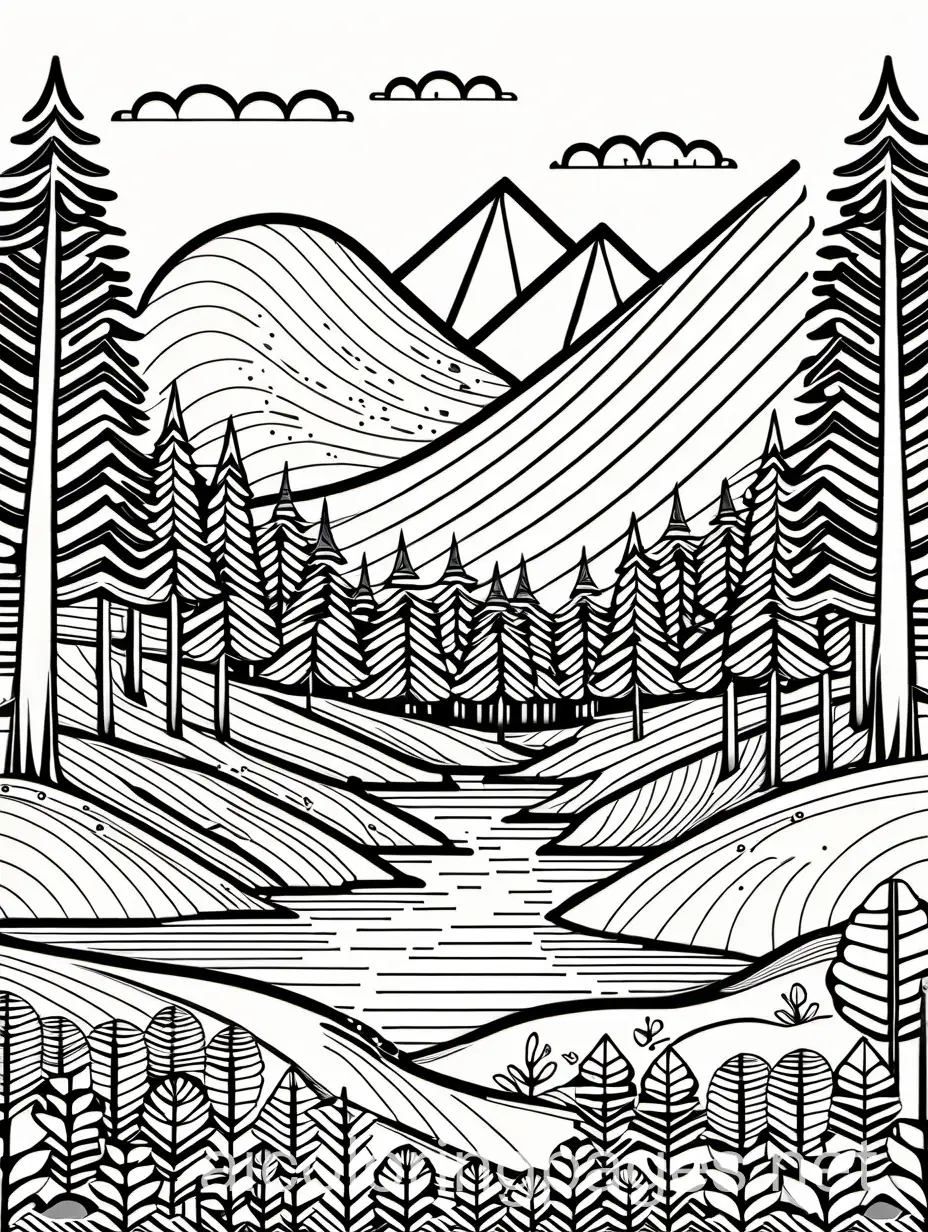 nordic forest landscape geometric, Coloring Page, black and white, line art, white background, Simplicity, Ample White Space. The background of the coloring page is plain white to make it easy for young children to color within the lines. The outlines of all the subjects are easy to distinguish, making it simple for kids to color without too much difficulty
