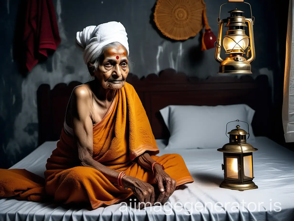 a thin Indian old woman aged 90 years old is sitting on bed mattresses in a bedroom wearing only a cotton towel on her body and the towel is on her forehead and on a table there is rice and curry, a cat is near hear and a lantern is on the floor, its a luxurious marble dark room