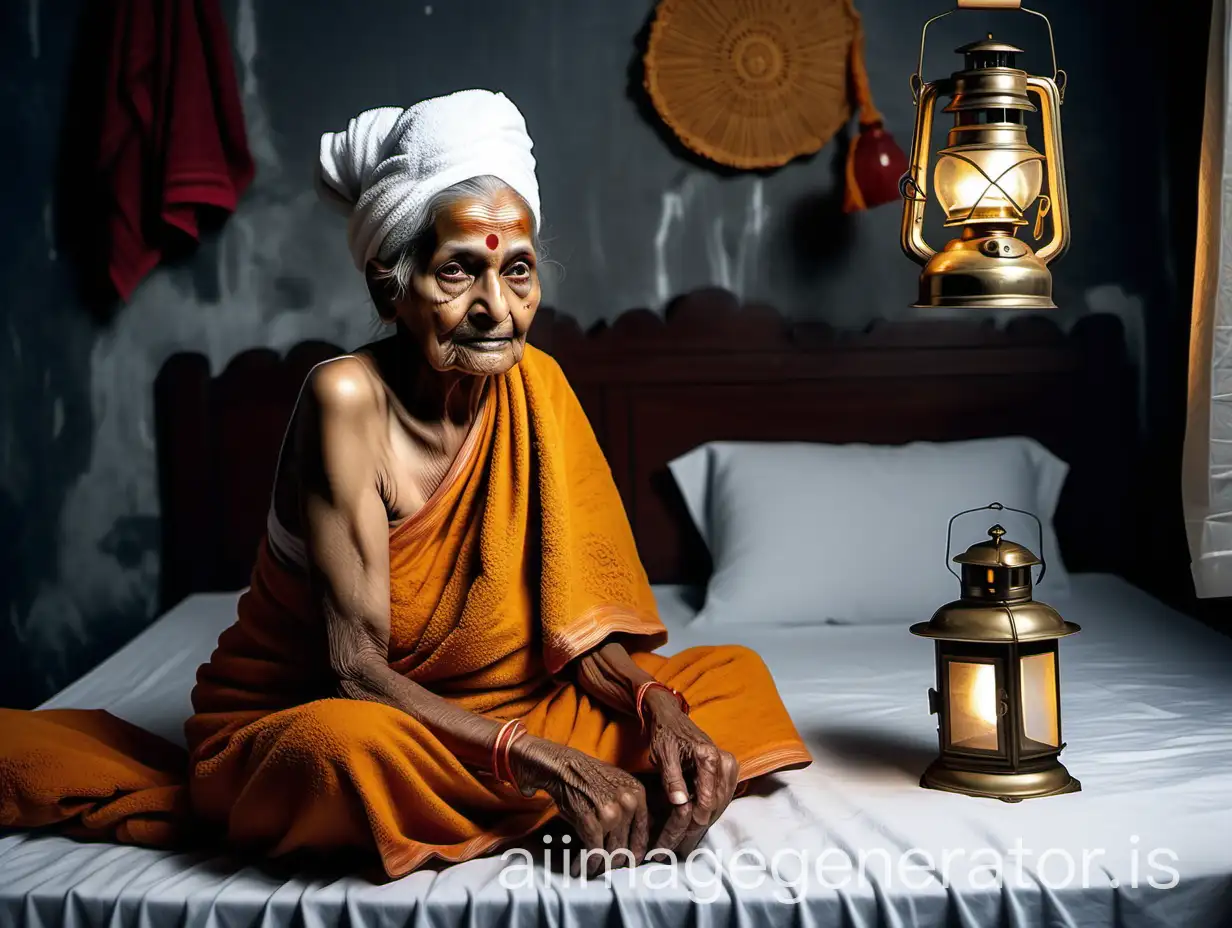 Elderly-Indian-Woman-Sitting-in-Bedroom-with-Cat-Rice-and-Curry