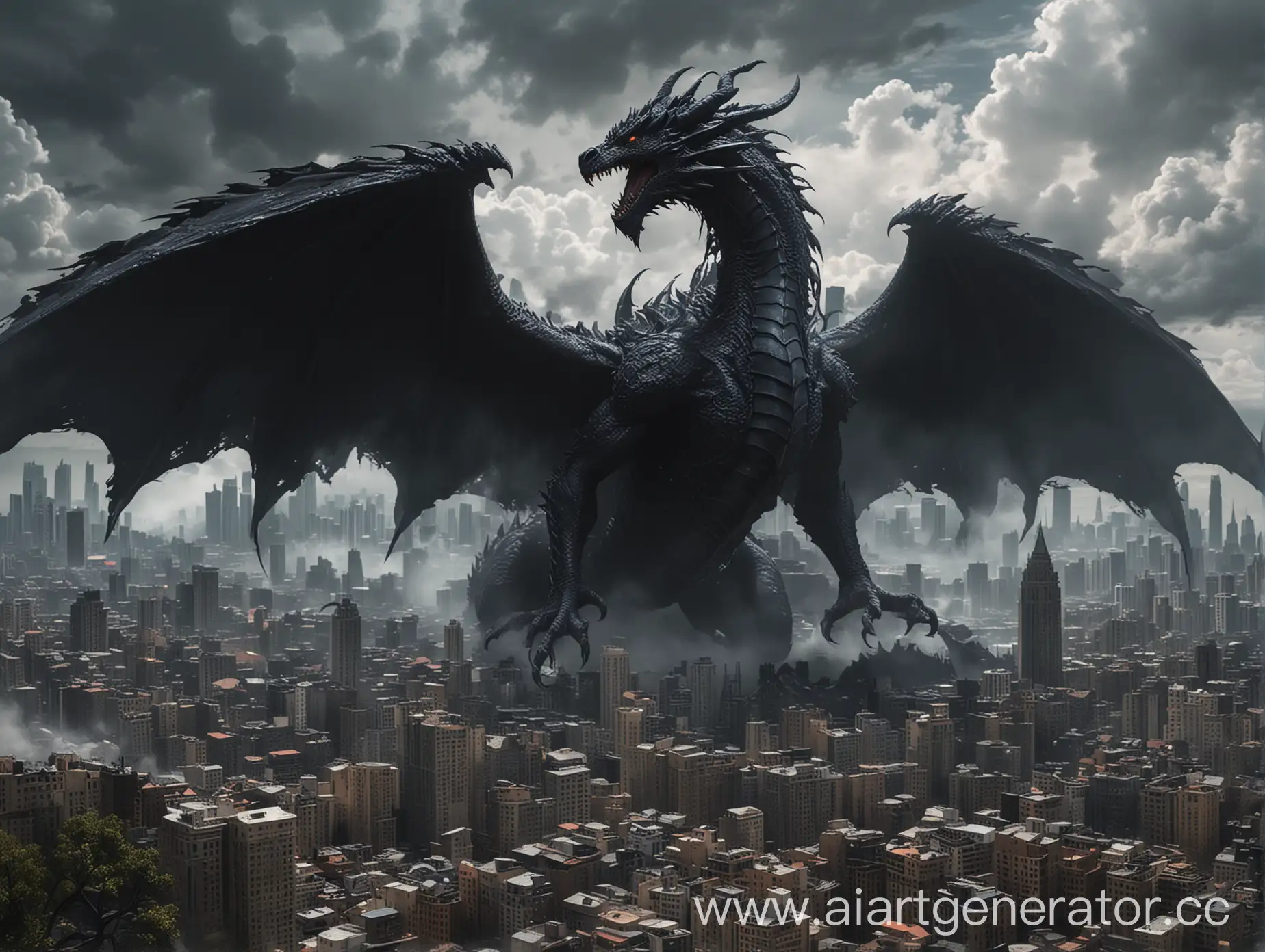 Гигантский черный дракон уничтожает современный город, используя магию бездны и дыхание тенями