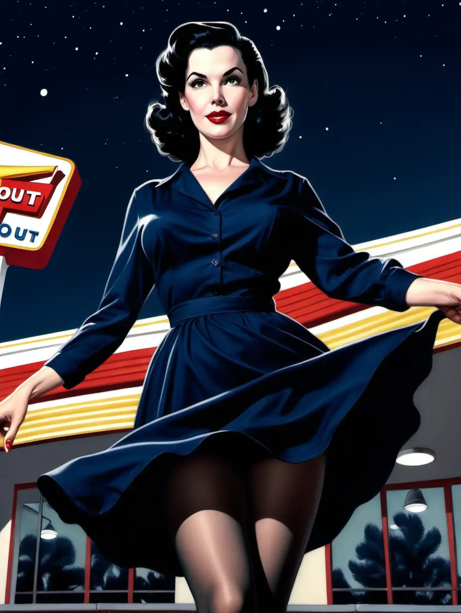 1950s Curvy Woman in Dark Comic Art Style Poses at InNOut