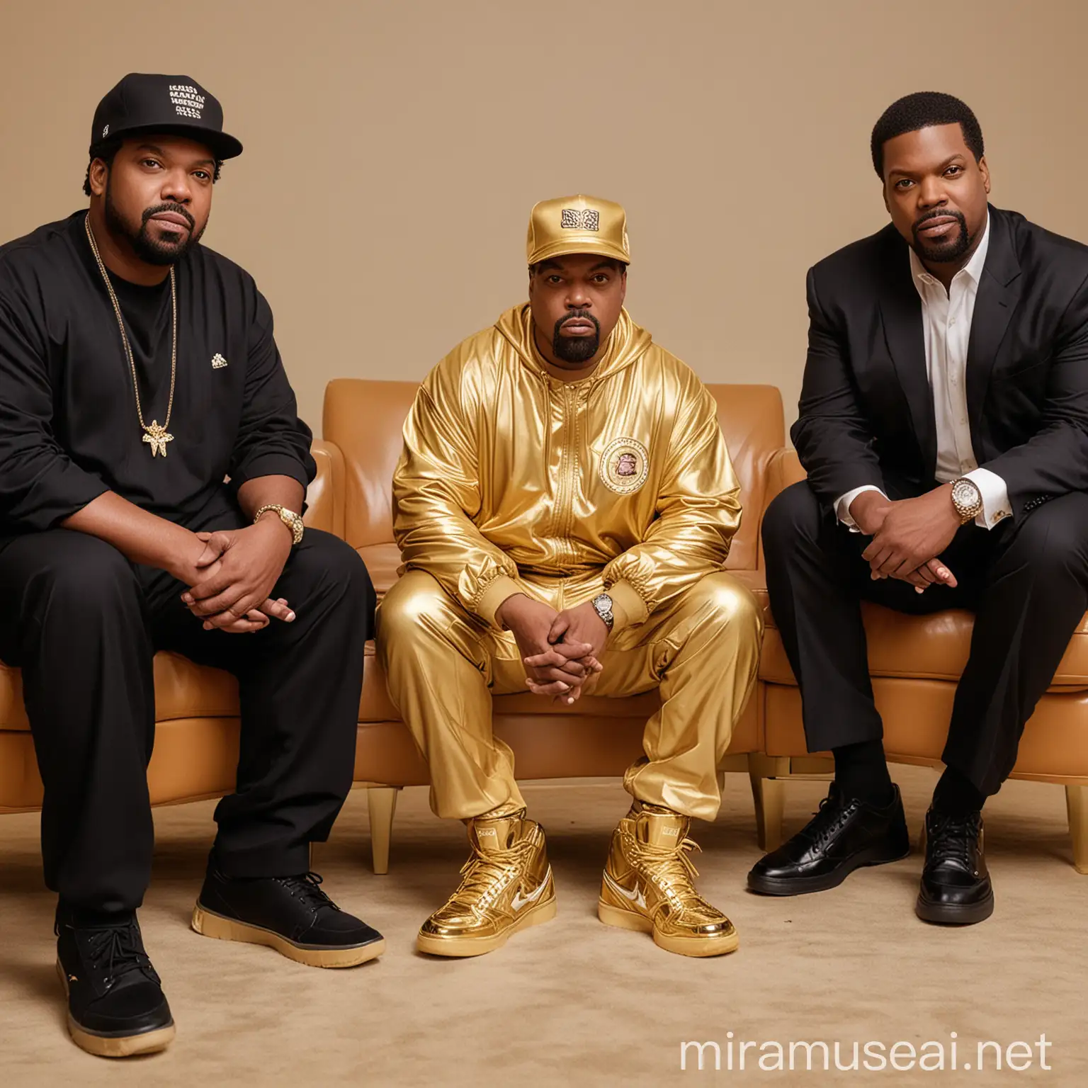 Donald Trump sitting with Ice Cube and Chris Tucker and wearing Donald Trump T golden sneaker