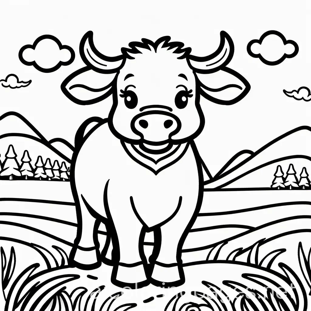  cute cow, Coloring Page, black and white, line art, white background, Simplicity, Ample White Space. The background of the coloring page is plain white to make it easy for young children to color within the lines. The outlines of all the subjects are easy to distinguish, making it simple for kids to color without too much difficulty 