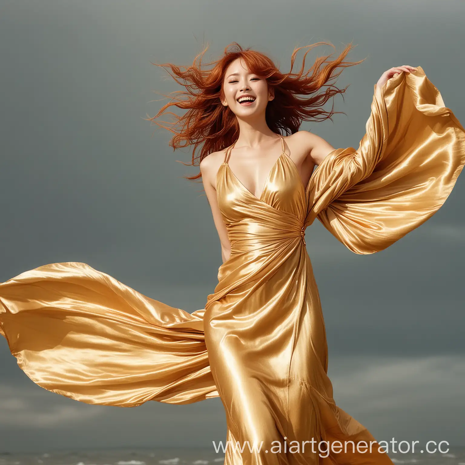 Seductive-Redhead-Japanese-Girl-in-Gold-Satin-Gown