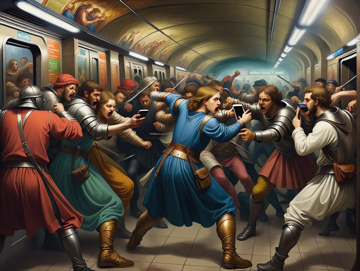 Urban Commuters Engaged in Digital Warfare Renaissance Painting Style