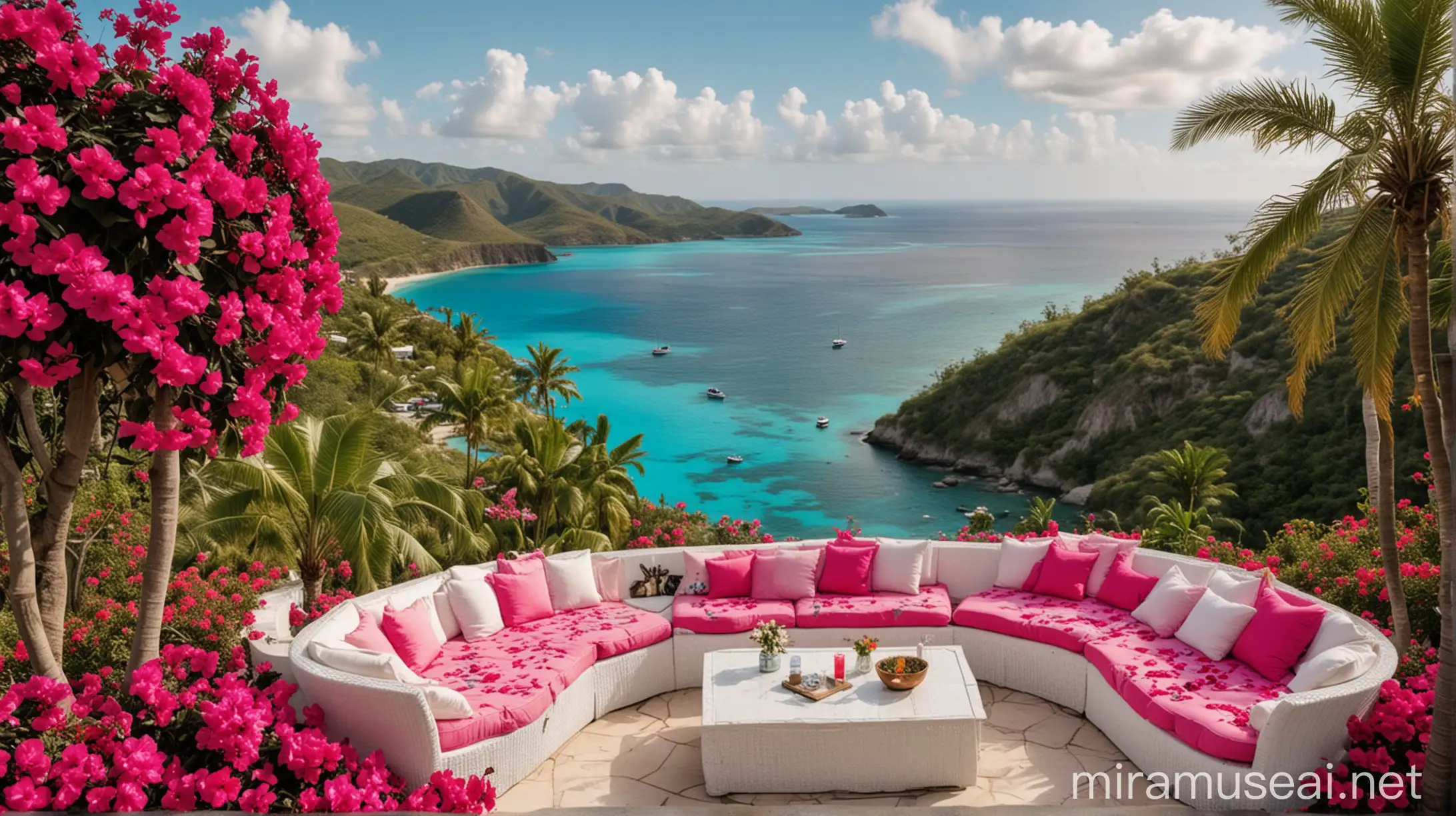 wide, panoramic shot captured with a drone camera, showcasing a bohemian-style lounge area on a high hilltop overlooking a turquoise lagoon. Lush palm trees and vibrant pink bougainvillea create a vibrant backdrop, while white wicker furniture and colorful cushions invite relaxation.
