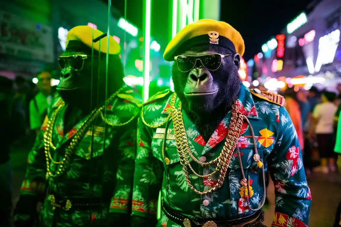Street Nightlife Gorilla in Yellow Hawaiian Military Attire with Neon Lights