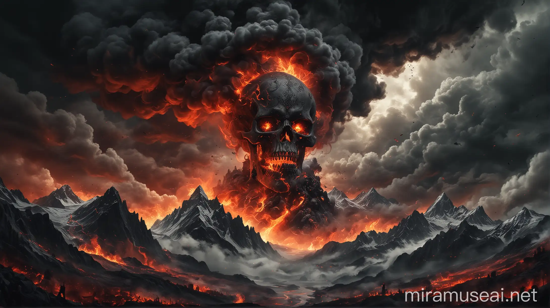 
Flames and smoke swirl in the sky, forming dark clouds. Distant mountains can be seen in the background.
You can use Viking or Gothic motifs on the cover, such as skeletons, skulls, runic symbols.
The colors should be dark and gloomy, mainly shades of red, black and gray.
The mood should be intense, dramatic and mysterious.