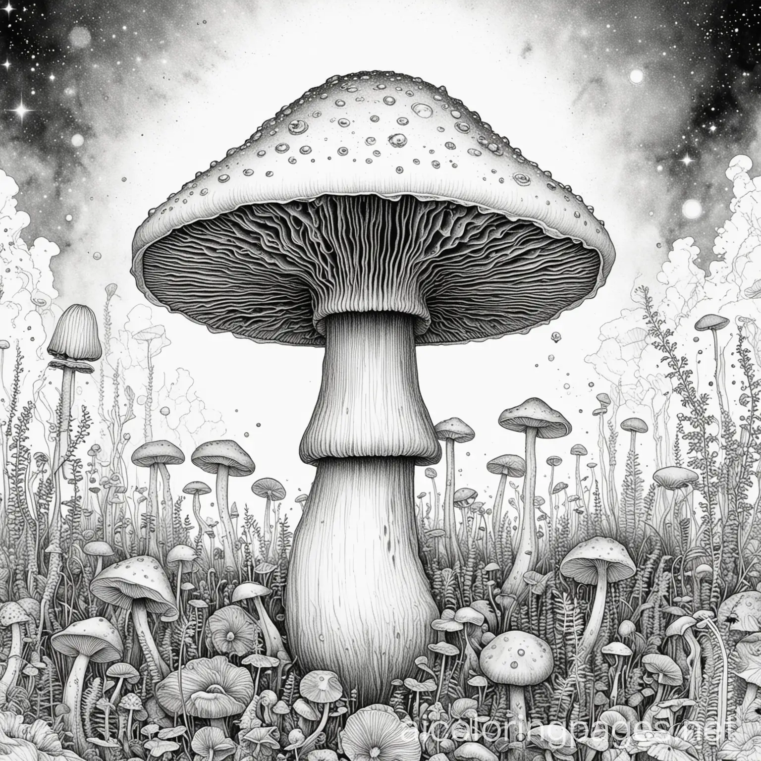 trippy outerspace mushroom artronaught, Coloring Page, black and white, line art, white background, Simplicity, Ample White Space. The background of the coloring page is plain white to make it easy for young children to color within the lines. The outlines of all the subjects are easy to distinguish, making it simple for kids to color without too much difficulty