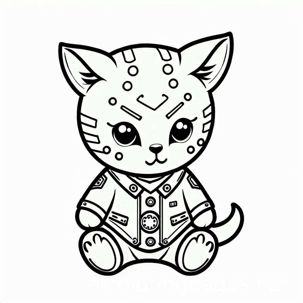 Jason Voorhees from Friday the 13th movie, as a kitten, Coloring Page, black and white, line art, white background, Simplicity, Ample White Space. The background of the coloring page is plain white to make it easy for young children to color within the lines. The outlines of all the subjects are easy to distinguish, making it simple for kids to color without too much difficulty