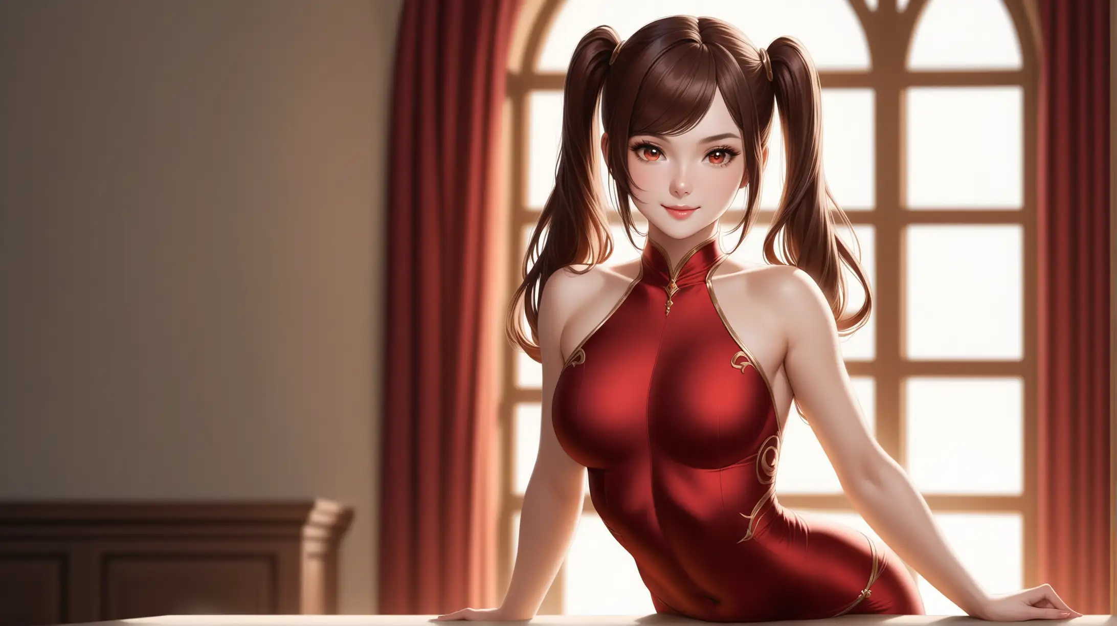 Draw a woman, very long reddish-brown hair, twintails that go past hips, side locks, side-swept bangs, scarlet eyes, perky figure, high quality, realistic, accurate, detailed, long shot, natural lighting, indoors, seductive pose, outfit inspired from Genshin Impact, smiling at the viewer