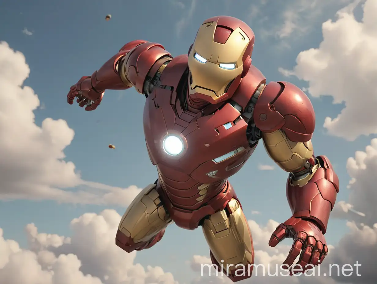 Pixar CGI charicature version of iron man, flying in the sky