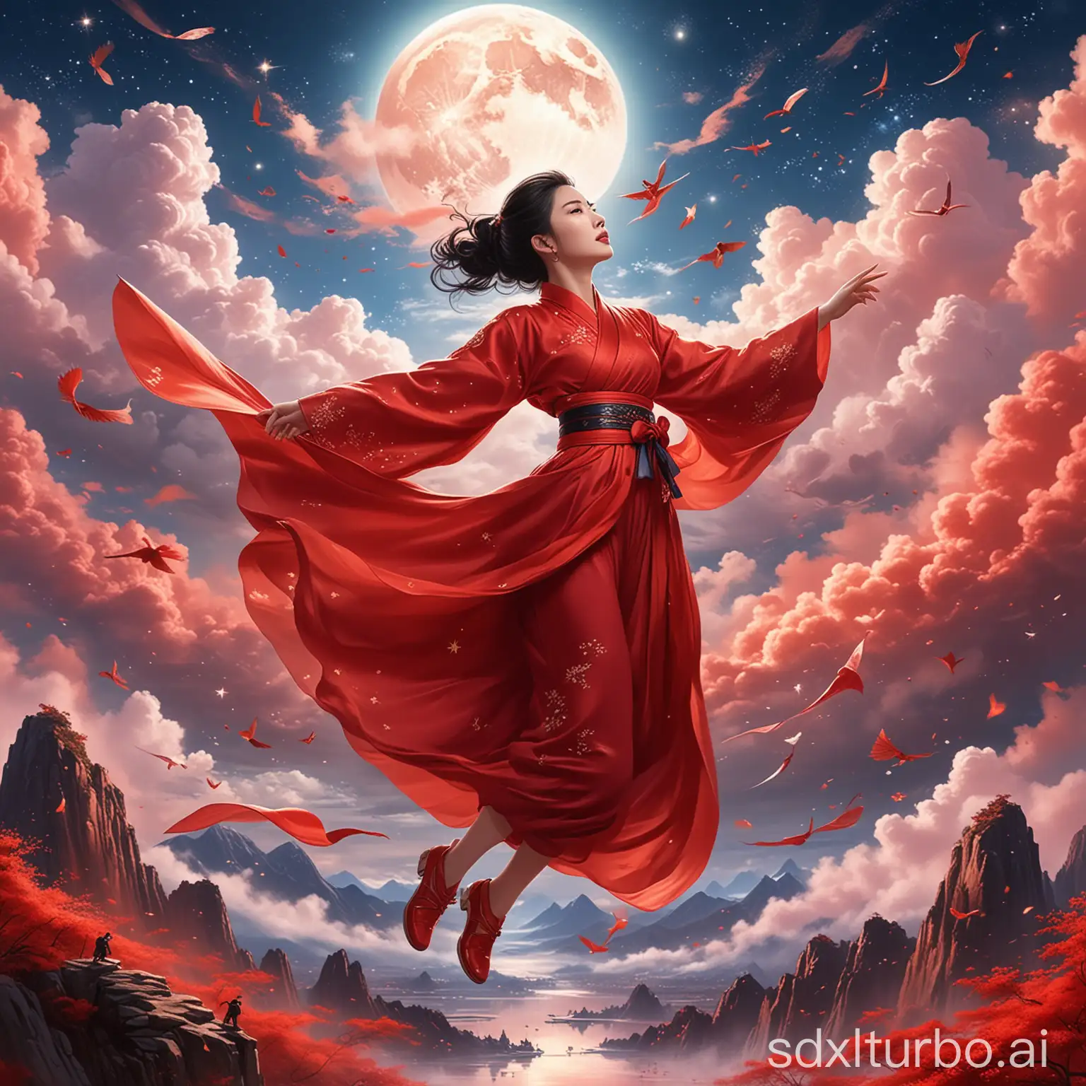Liu Yifei in the shape of Mulan is floating in the sky, wearing a bright red dress, short hair, a cloud under her feet, there are many stars around, and a bank can be seen, illustration style