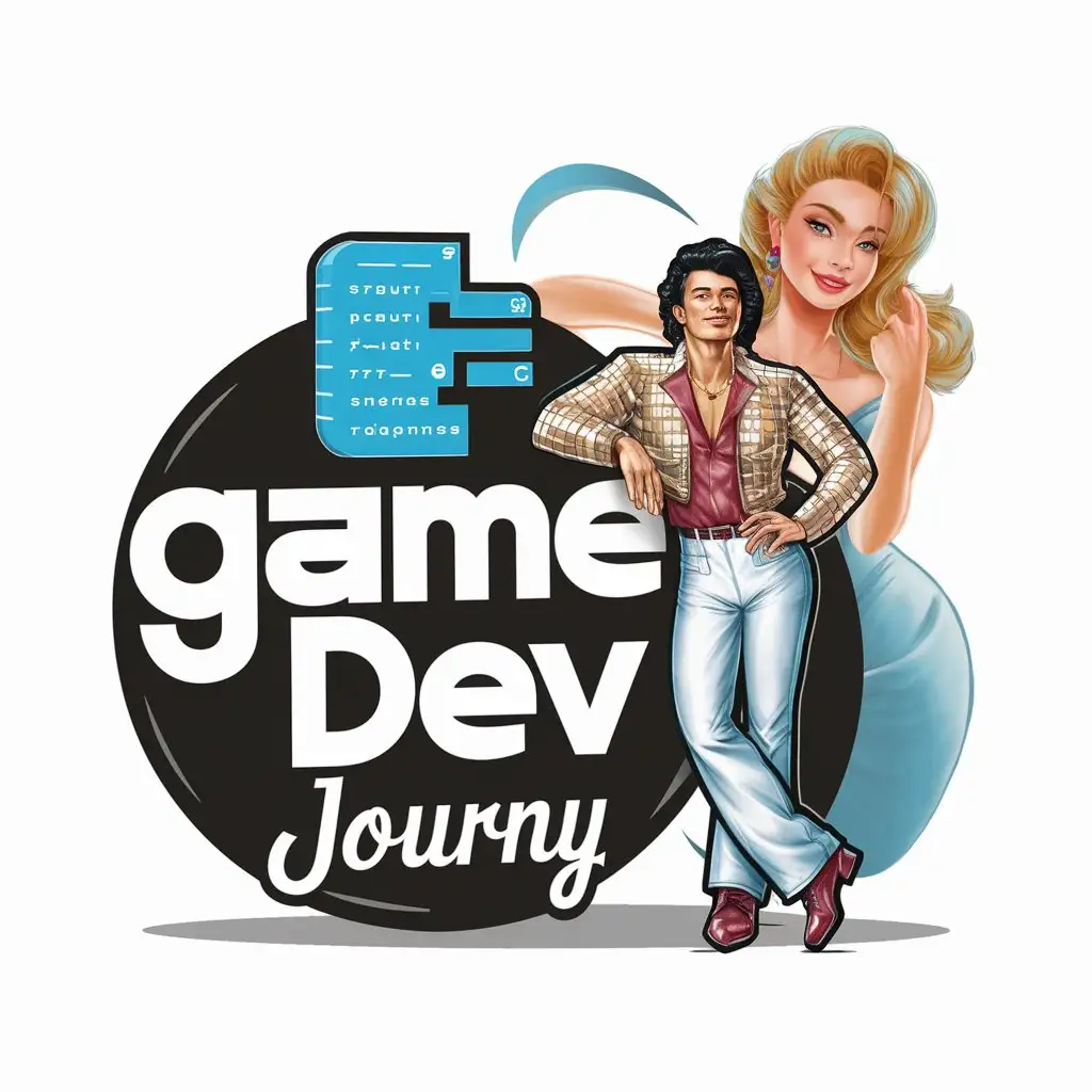 a logo design,with the text "GameDev Journy", main symbol:programming , , cartoon man style of disco elysium , behind beauty slavic girl with blond hair,Moderate,be used in Technology industry,clear background