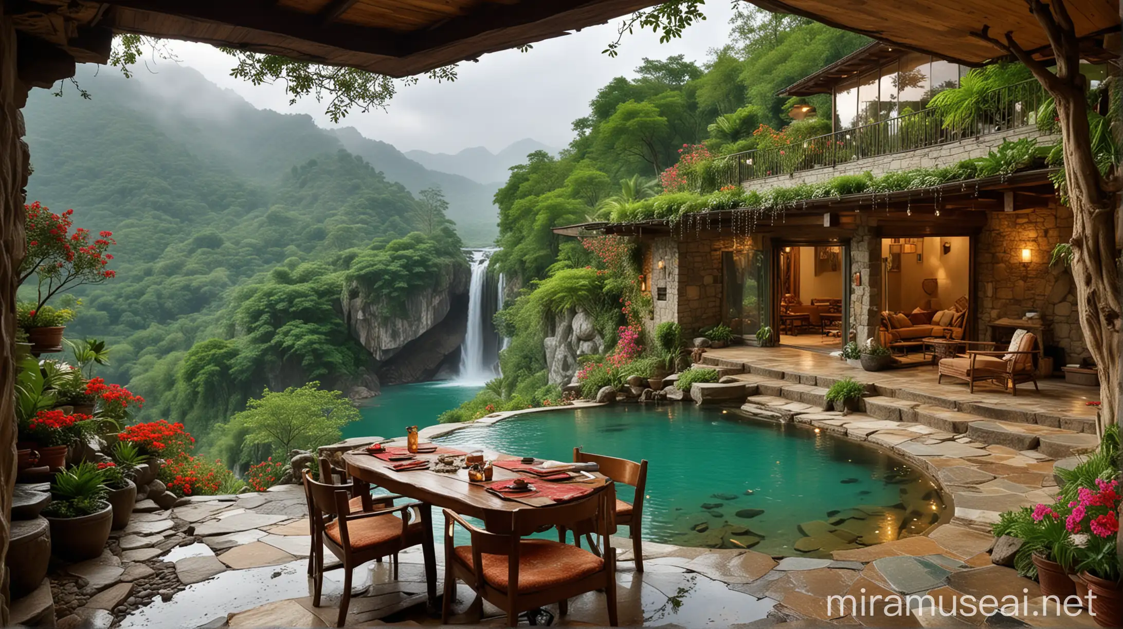 Majestic Waterfall House Romantic Moonsoon Scenery with Emerald Views