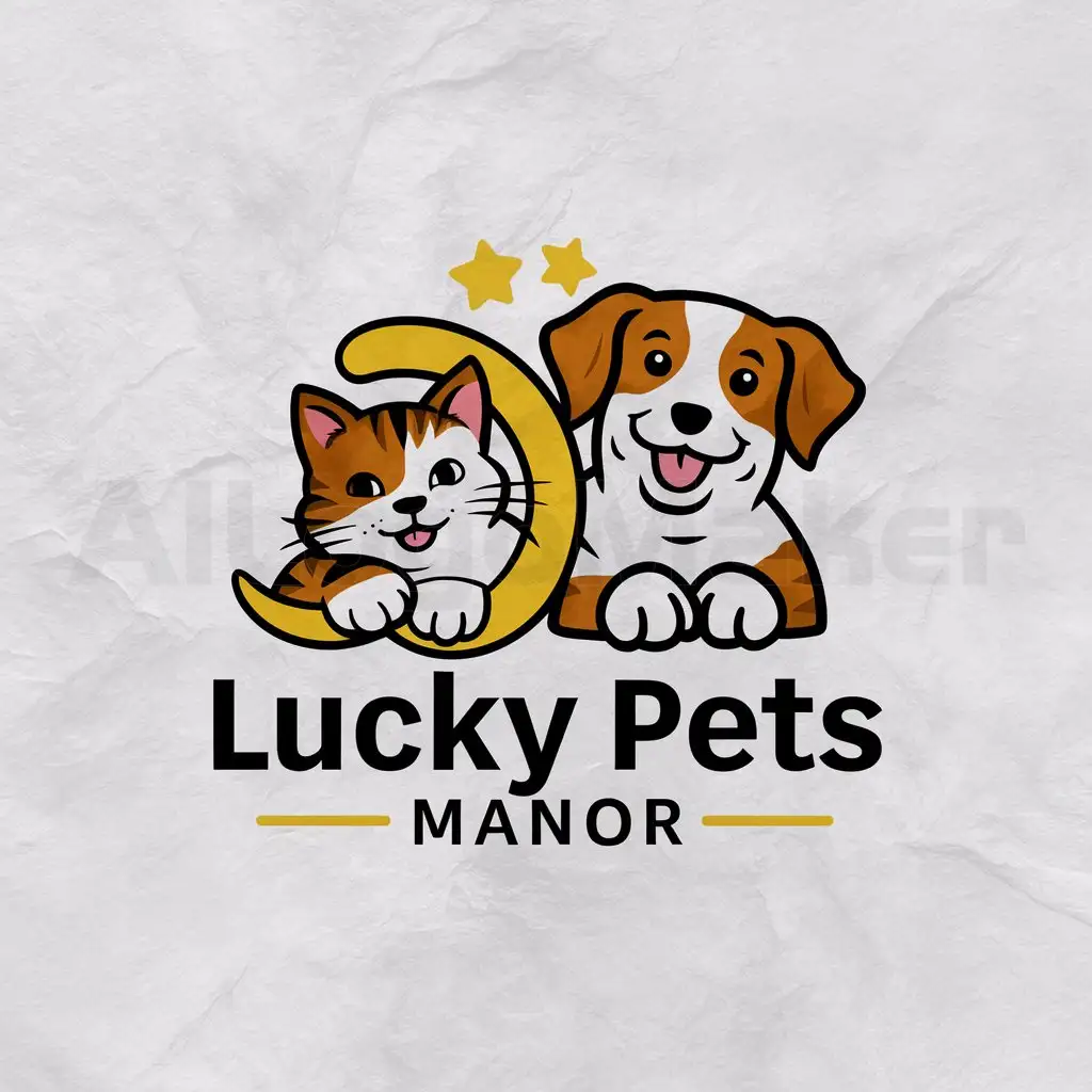 a logo design,with the text "Lucky Pets Manor", main symbol:cat and dog,Moderate,clear background